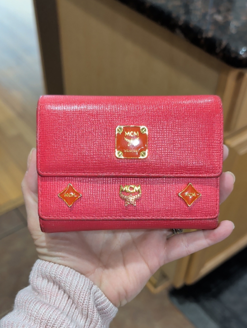 MCM Red Leather Compact Trifold Wallet with Gold Logo Hardware